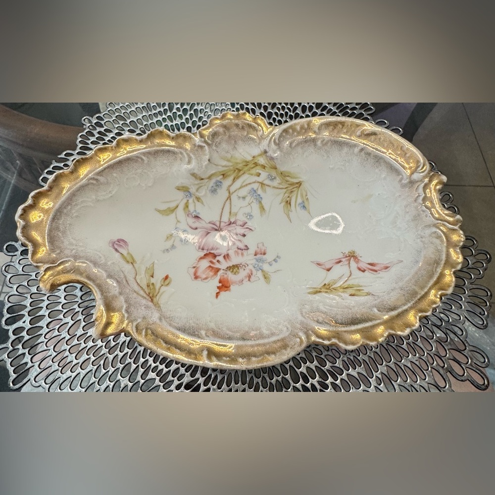Antique Dresden Germany porcelain floral scalloped Gold Gilded Dish/ bowl 10.75"